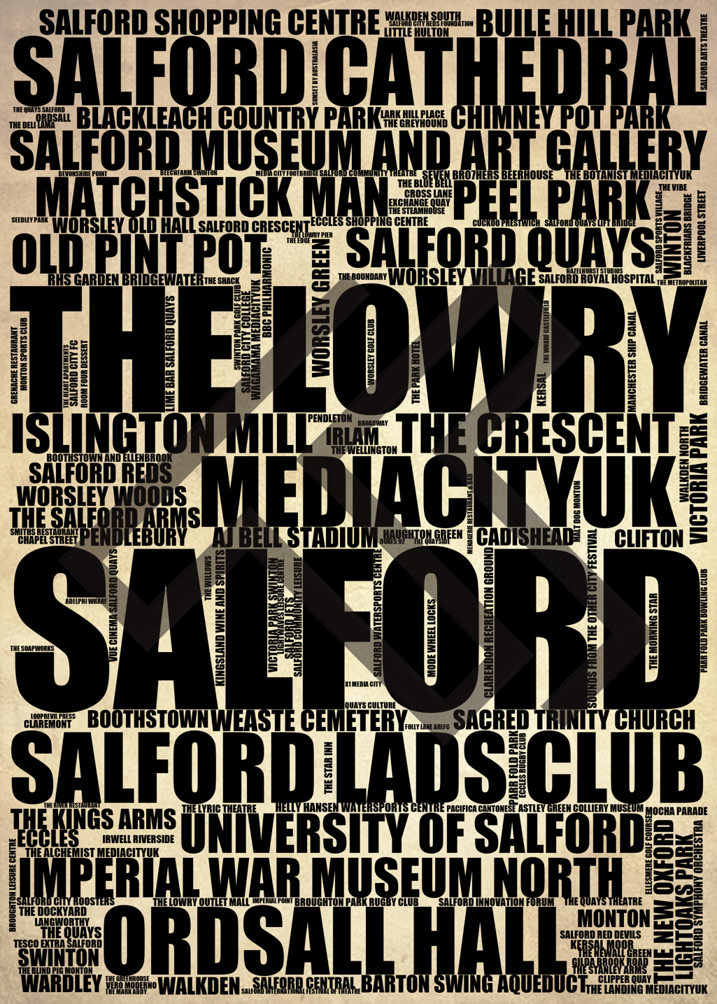 Salford - Premium Typographic Word Cloud Prints, Posters & Gifts