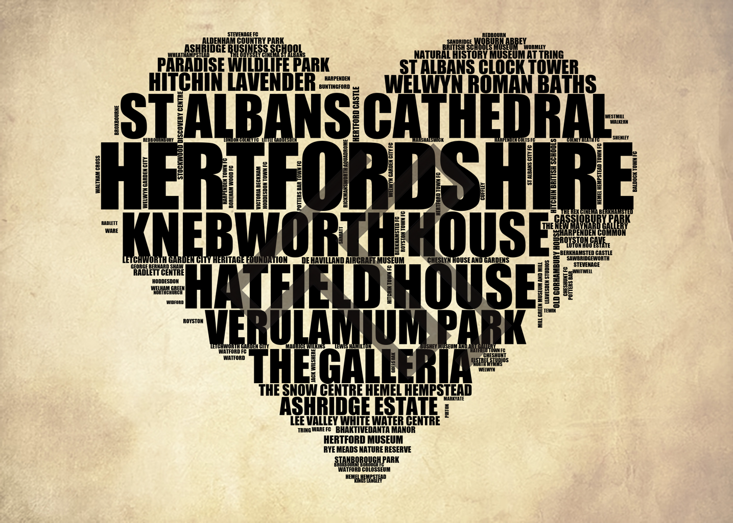 Hertfordshire - Premium Typographic Word Cloud Prints, Posters & Gifts