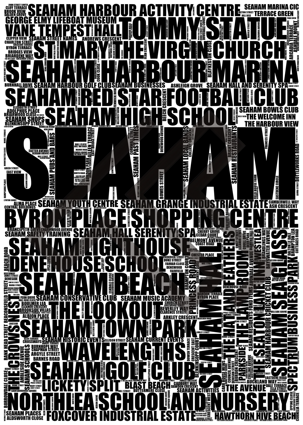 Seaham - Premium Typographic Word Cloud Prints, Posters & Gifts