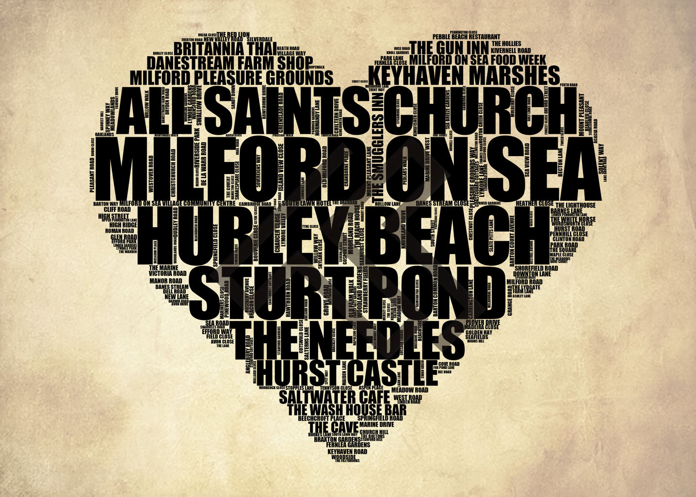 Milford on Sea - Premium Typographic Word Cloud Prints, Posters & Gifts