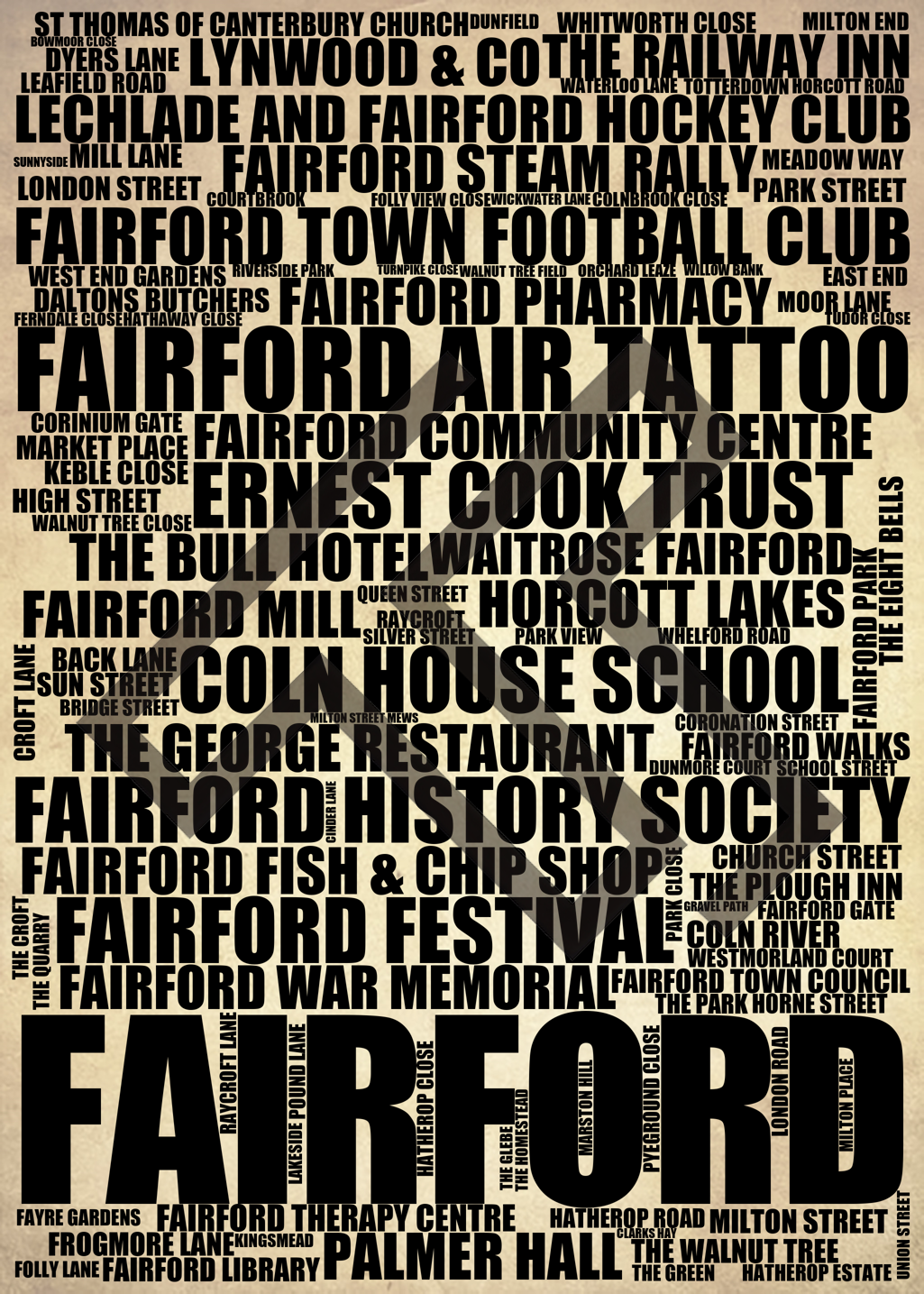Fairford - Premium Typographic Word Cloud Prints, Posters & Gifts