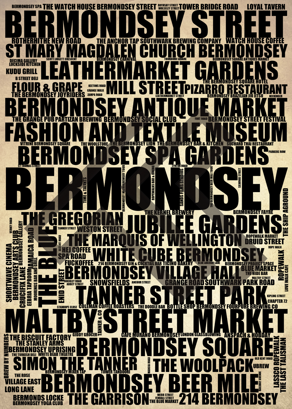 Bermondsey - Premium Typographic Word Cloud Prints, Posters & Gifts