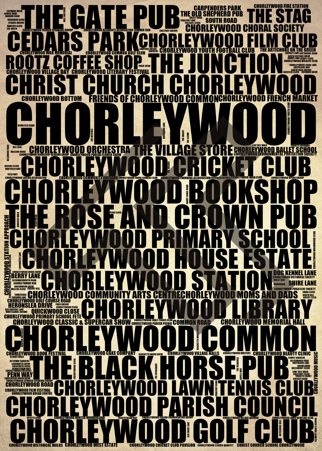 Chorleywood - Premium Typographic Word Cloud Prints, Posters & Gifts