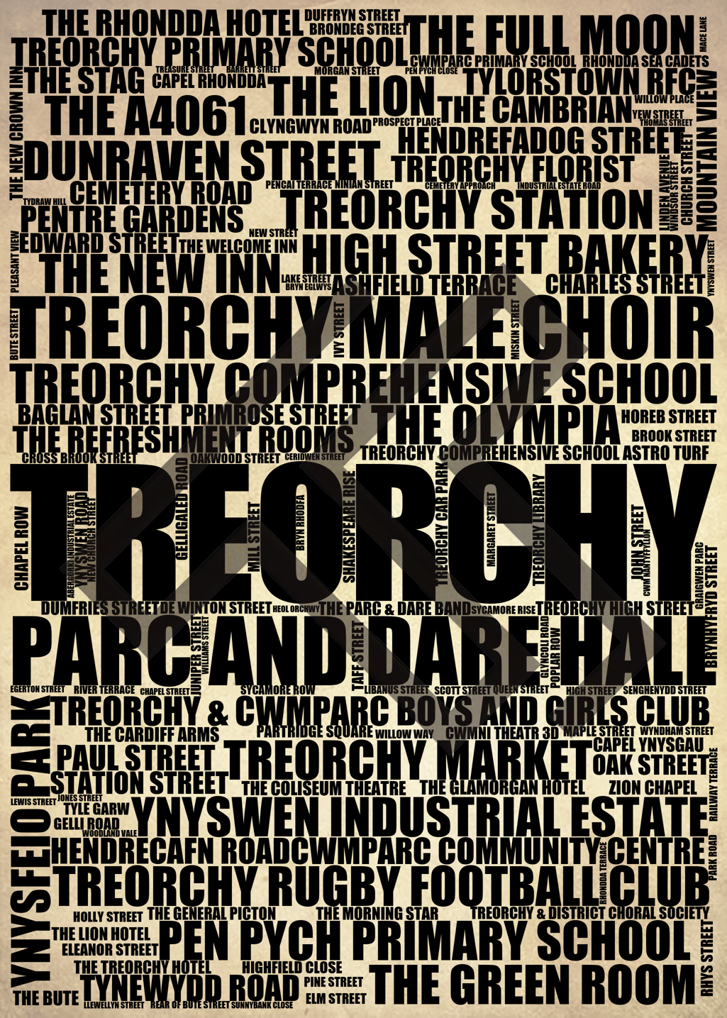 Treorchy - Premium Typographic Word Cloud Prints, Posters & Gifts