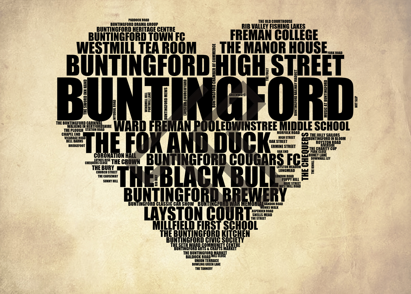 Buntingford - Premium Typographic Word Cloud Prints, Posters & Gifts