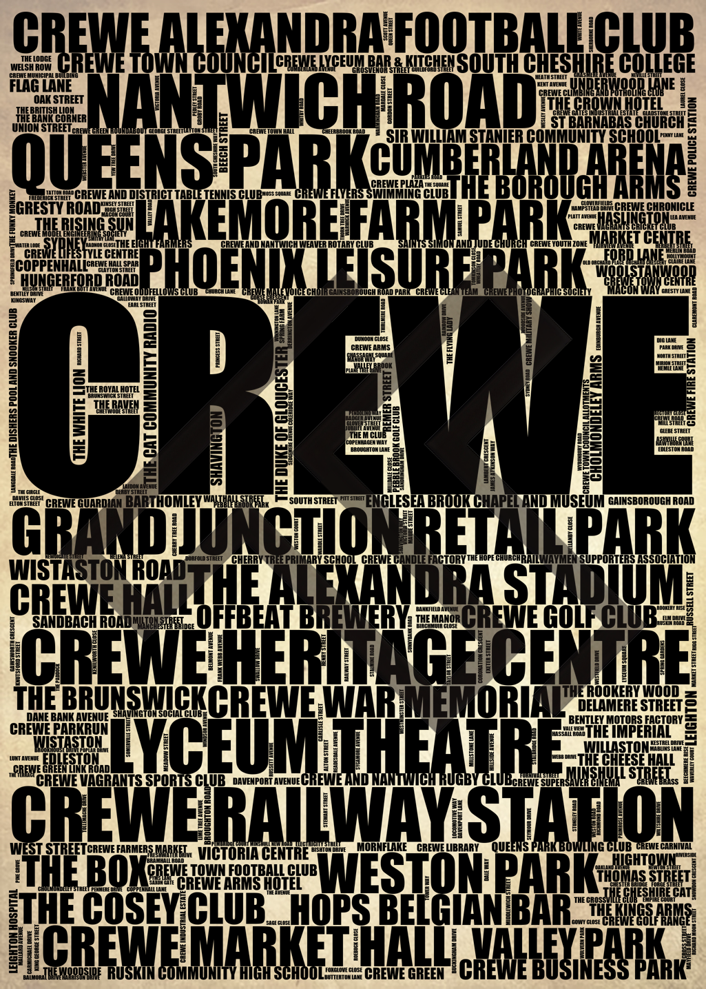 Crewe - Premium Typographic Word Cloud Prints, Posters & Gifts