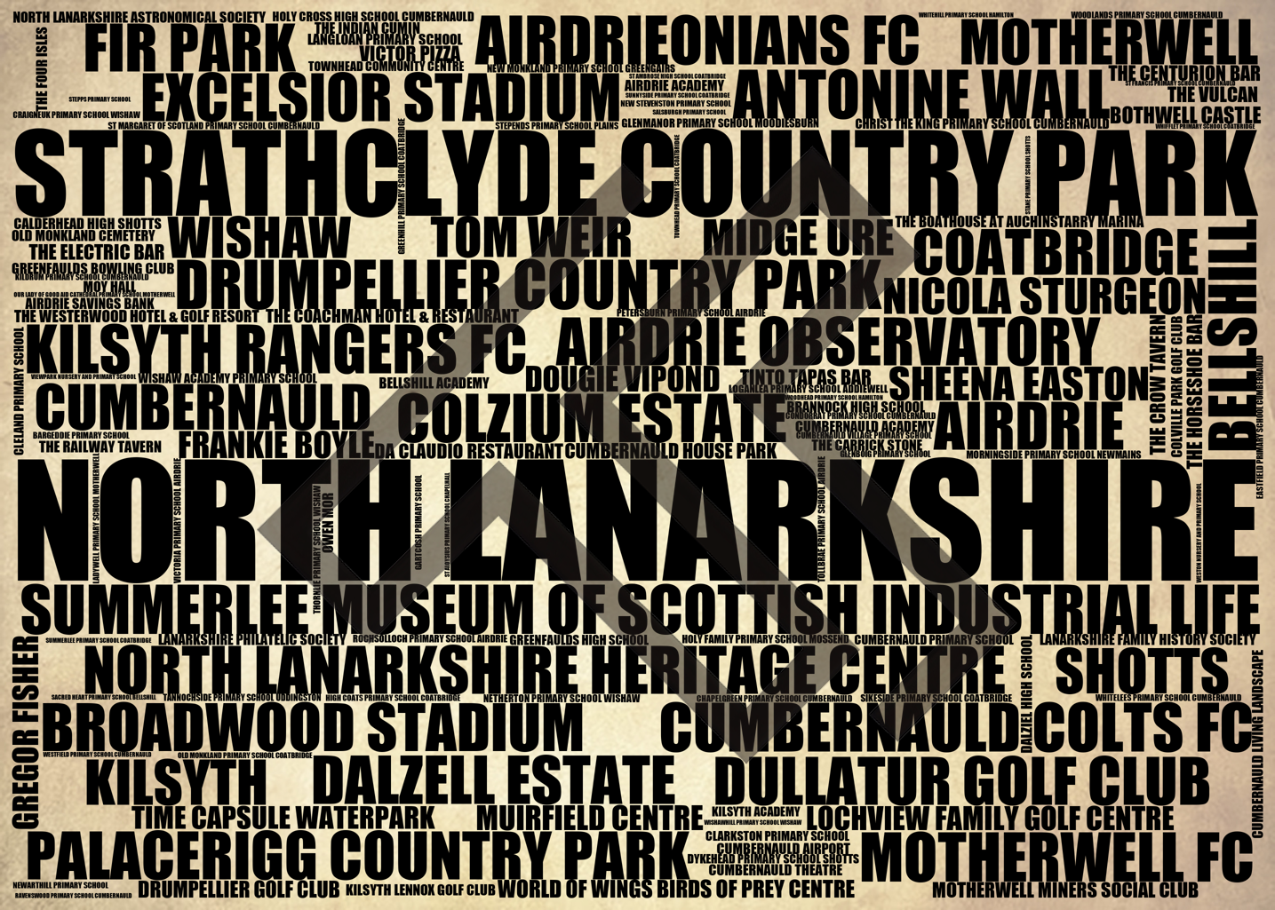 North Lanarkshire - Premium Typographic Word Cloud Prints, Posters & Gifts