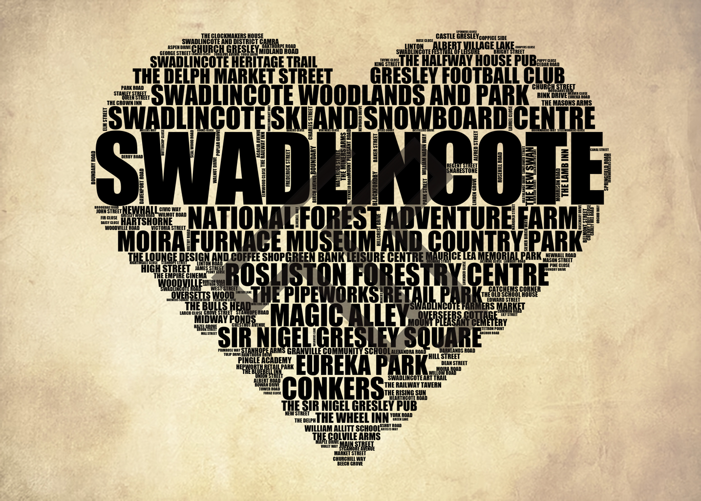 Swadlincote - Premium Typographic Word Cloud Prints, Posters & Gifts