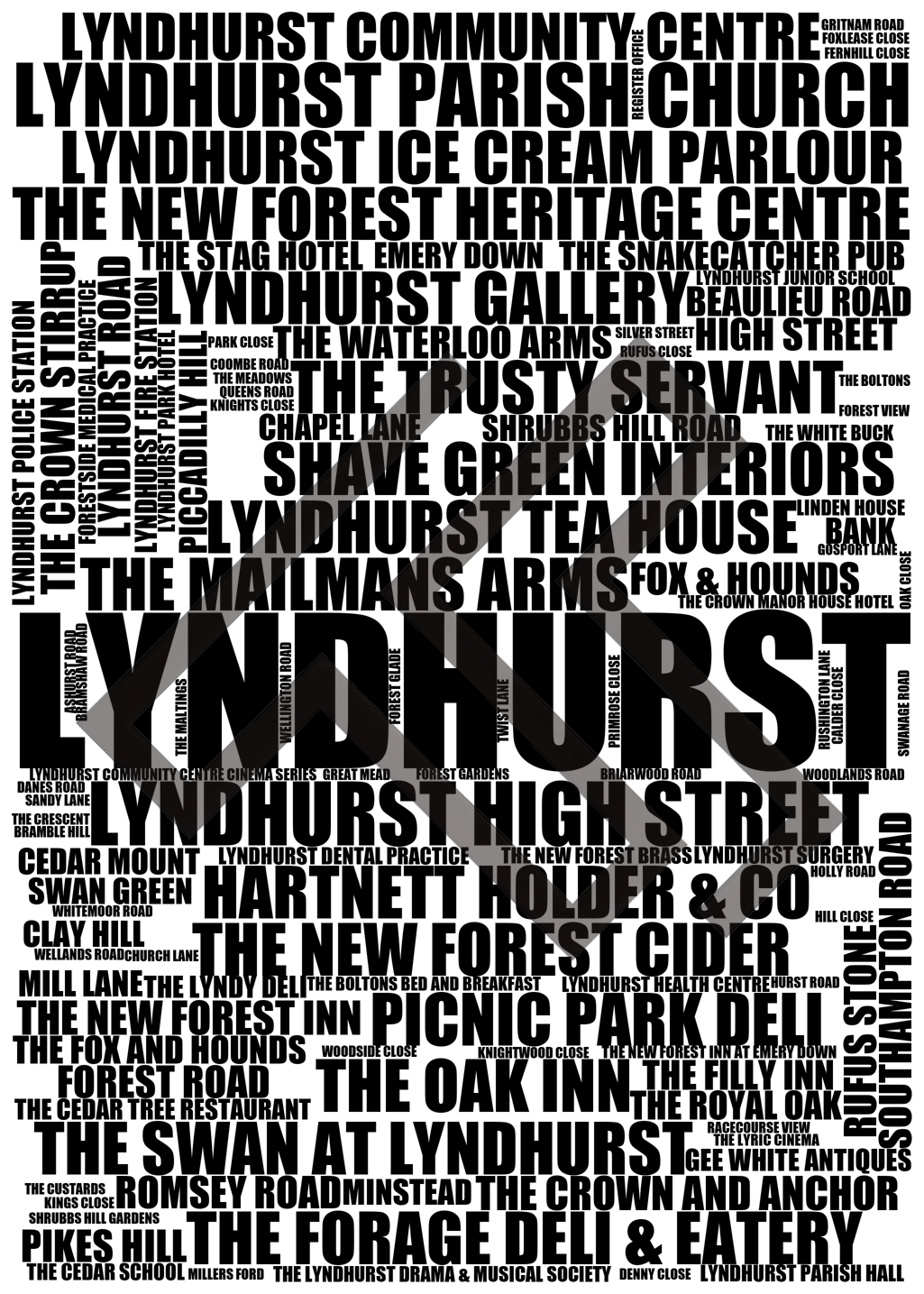 Lyndhurst - Premium Typographic Word Cloud Prints, Posters & Gifts