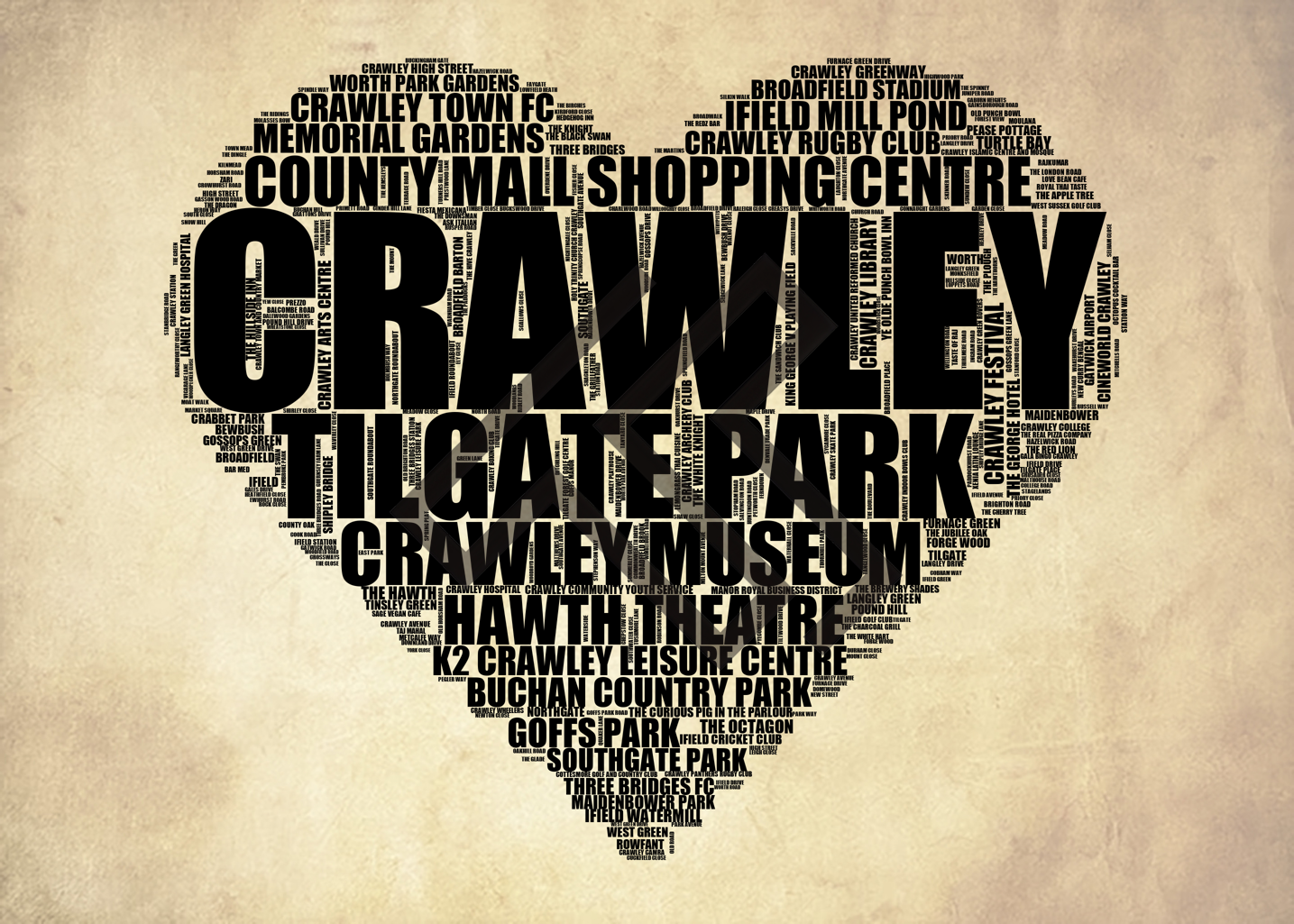 Crawley - Premium Typographic Word Cloud Prints, Posters & Gifts