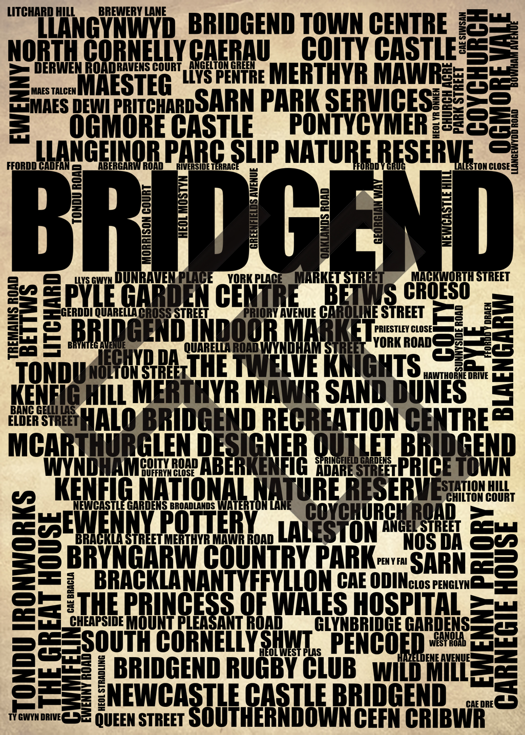 Bridgend - Premium Typographic Word Cloud Prints, Posters & Gifts