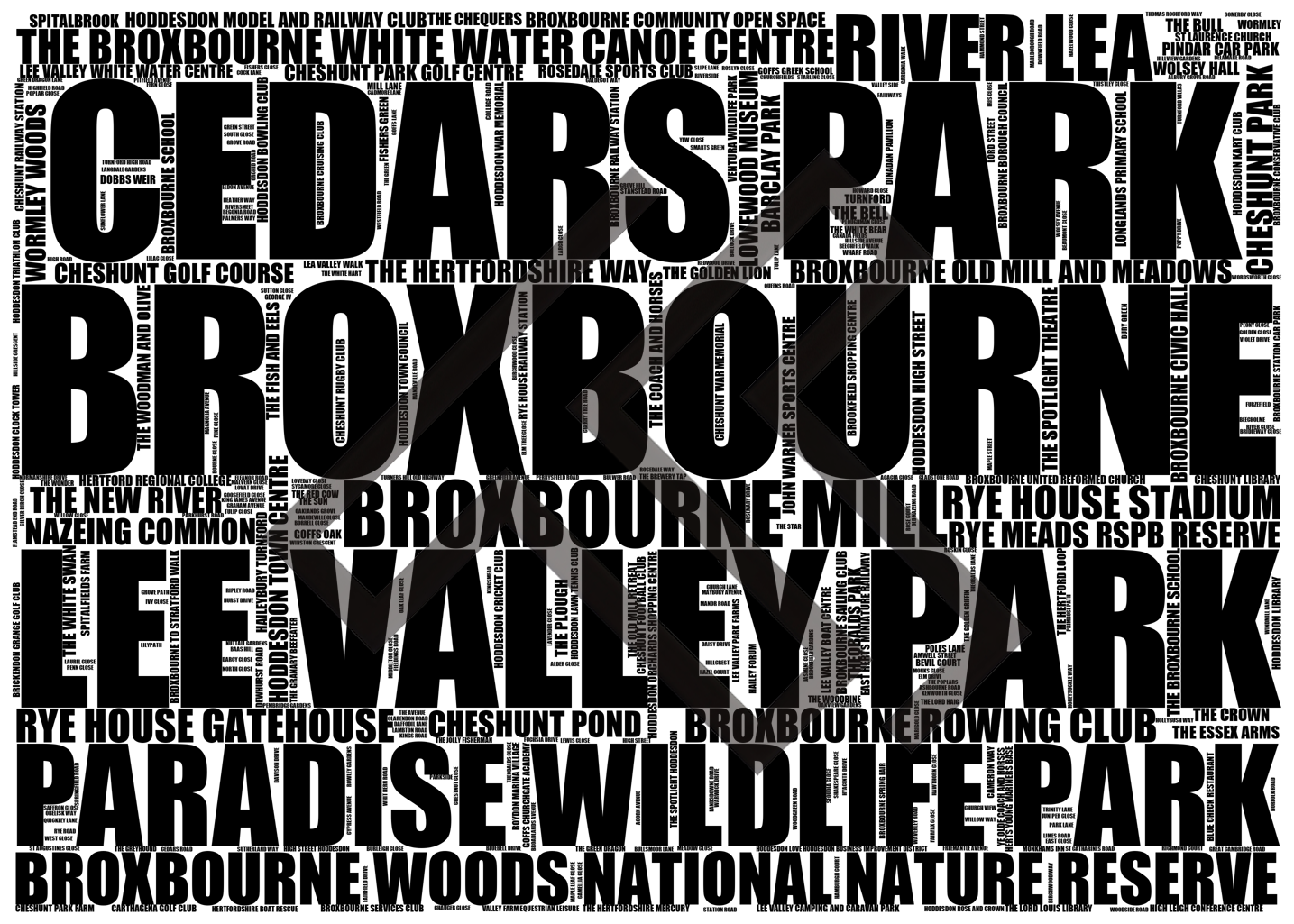 Broxbourne - Premium Typographic Word Cloud Prints, Posters & Gifts