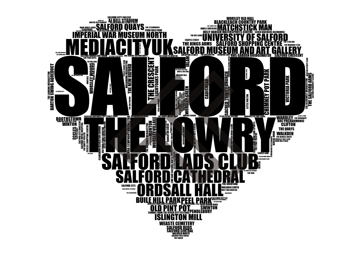 Salford - Premium Typographic Word Cloud Prints, Posters & Gifts
