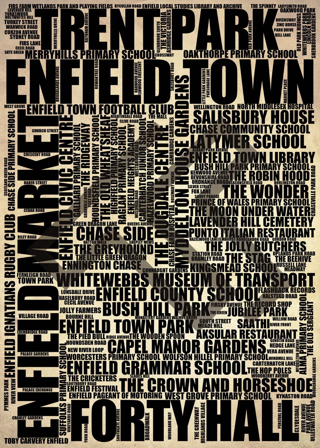 Enfield Town - Premium Typographic Word Cloud Prints, Posters & Gifts