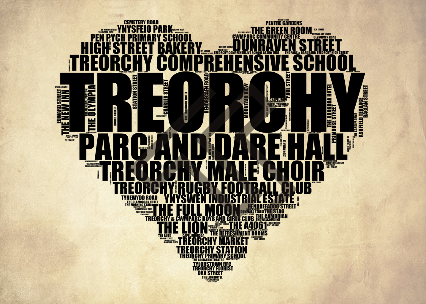 Treorchy - Premium Typographic Word Cloud Prints, Posters & Gifts