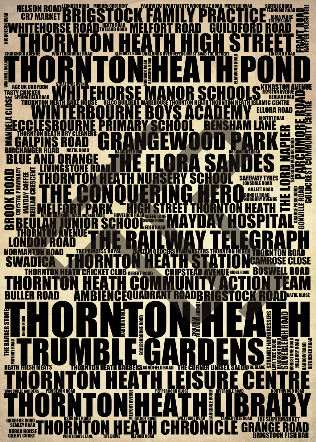 Thornton Heath - Premium Typographic Word Cloud Prints, Posters & Gifts