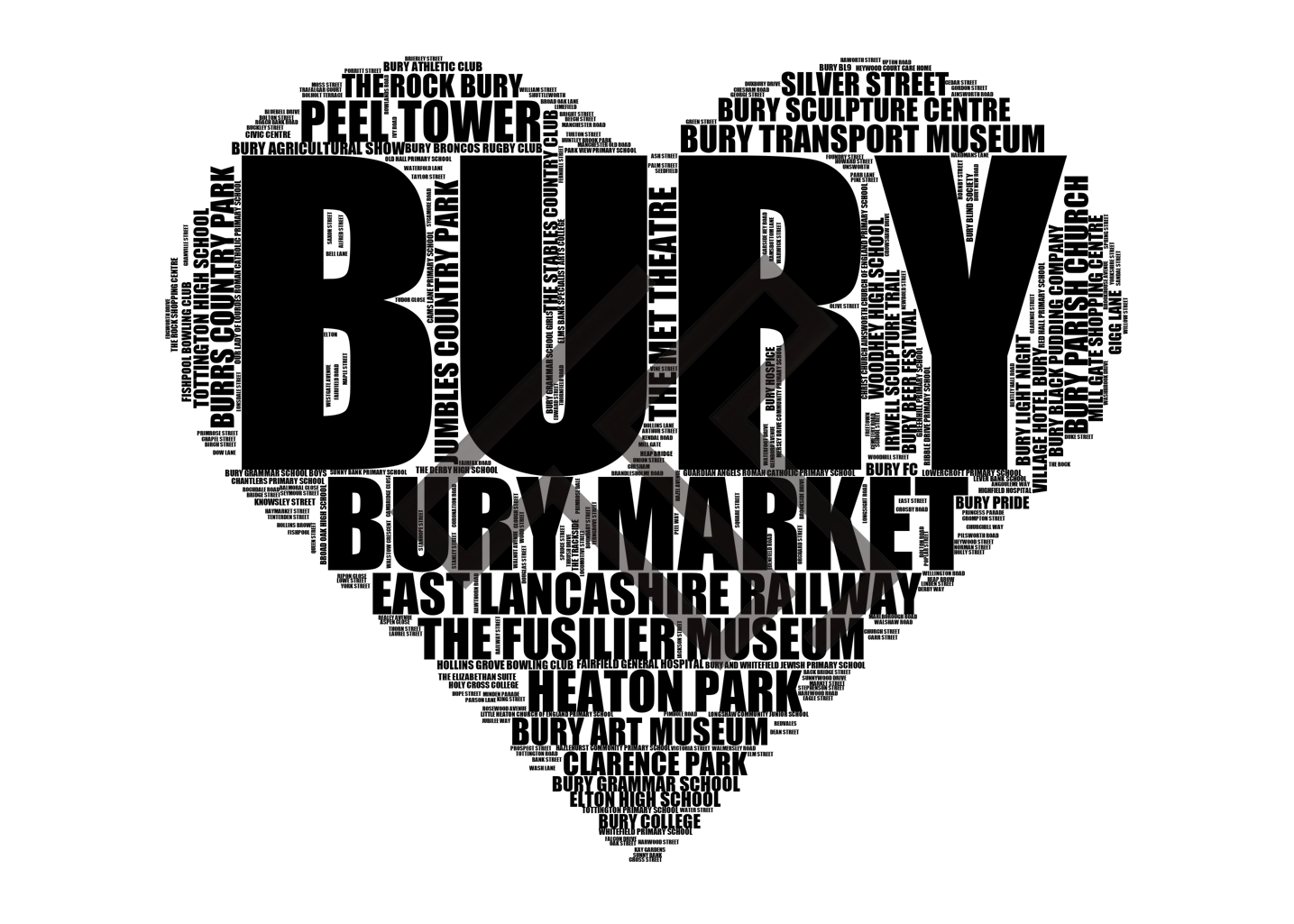 Bury - Premium Typographic Word Cloud Prints, Posters & Gifts