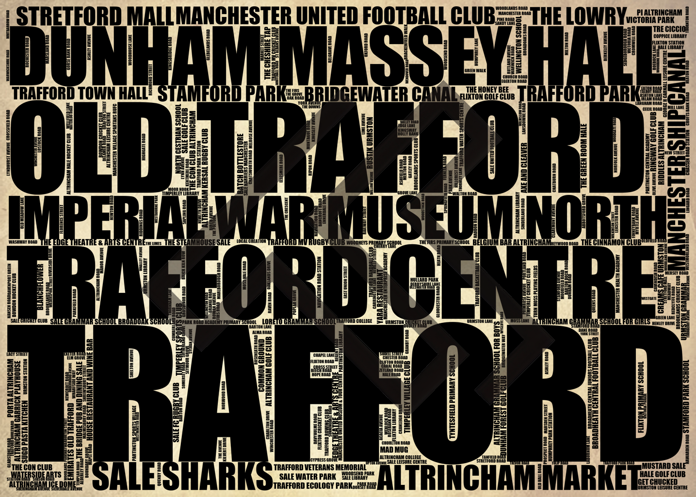 Trafford - Premium Typographic Word Cloud Prints, Posters & Gifts