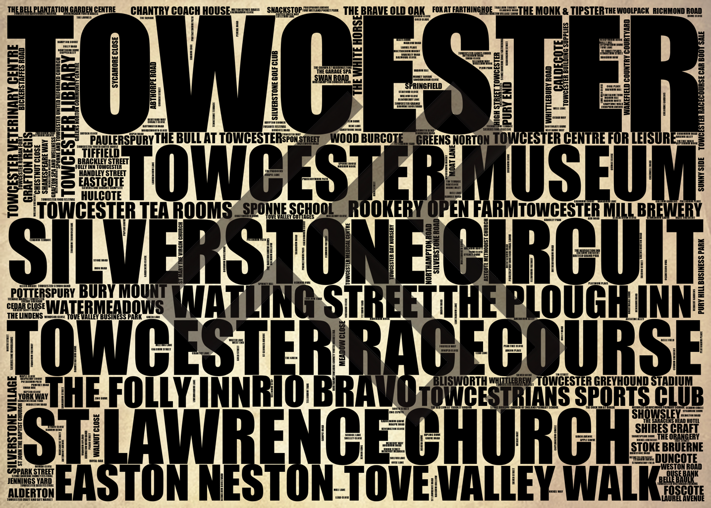 Towcester - Premium Typographic Word Cloud Prints, Posters & Gifts