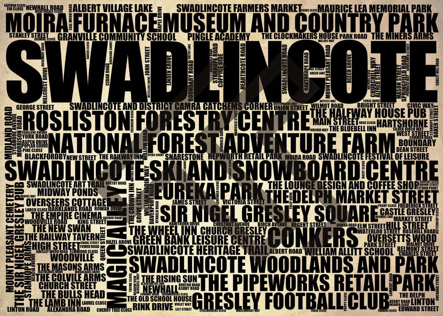 Swadlincote - Premium Typographic Word Cloud Prints, Posters & Gifts