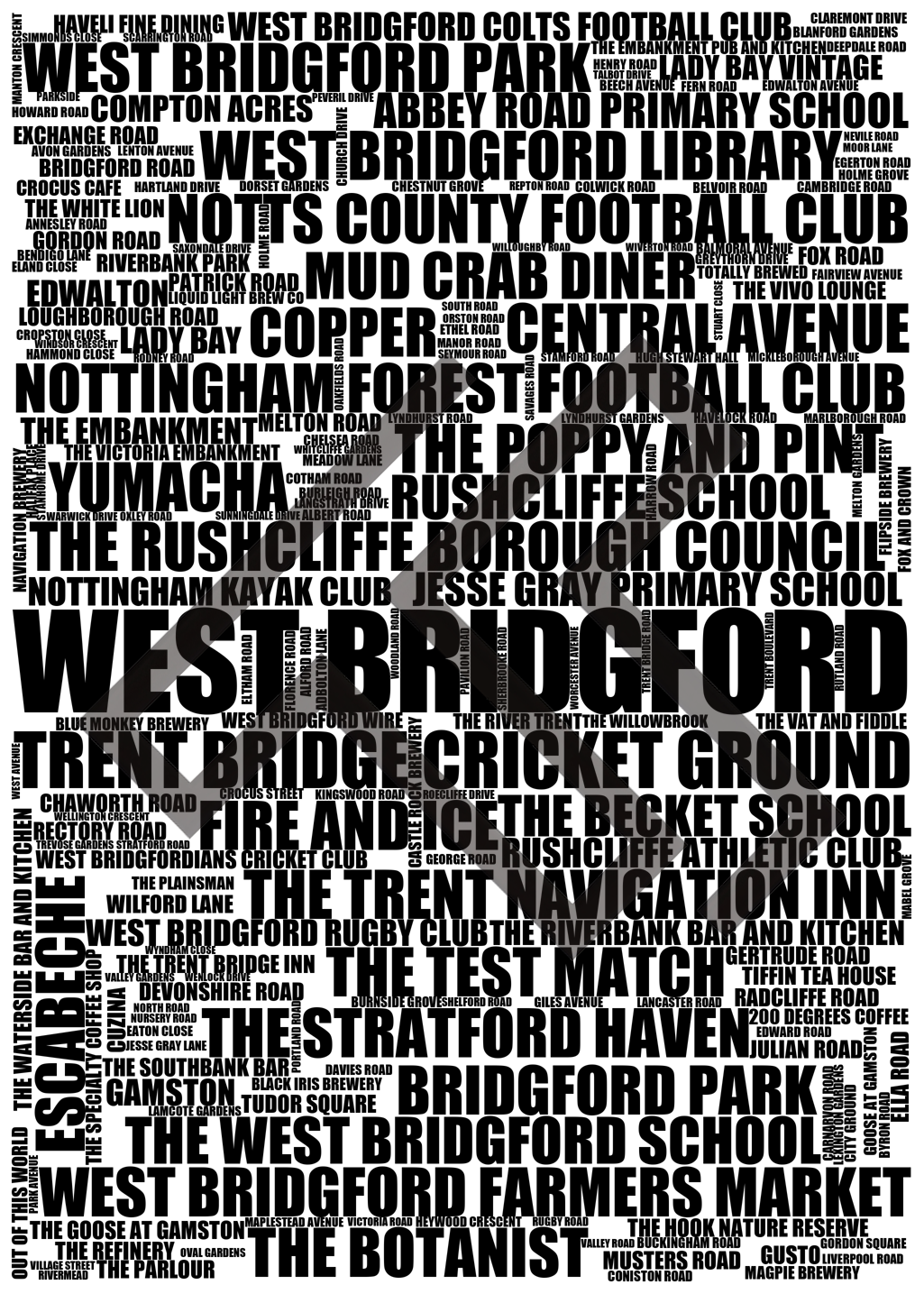 West Bridgford - Premium Typographic Word Cloud Prints, Posters & Gifts