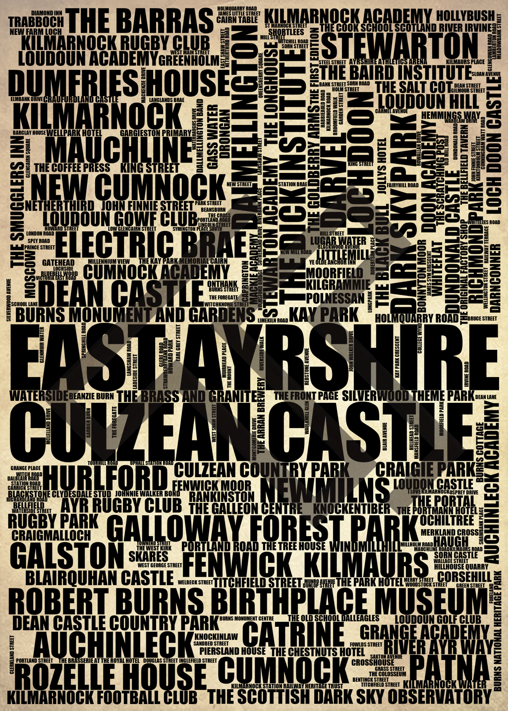 East Ayrshire - Premium Typographic Word Cloud Prints, Posters & Gifts