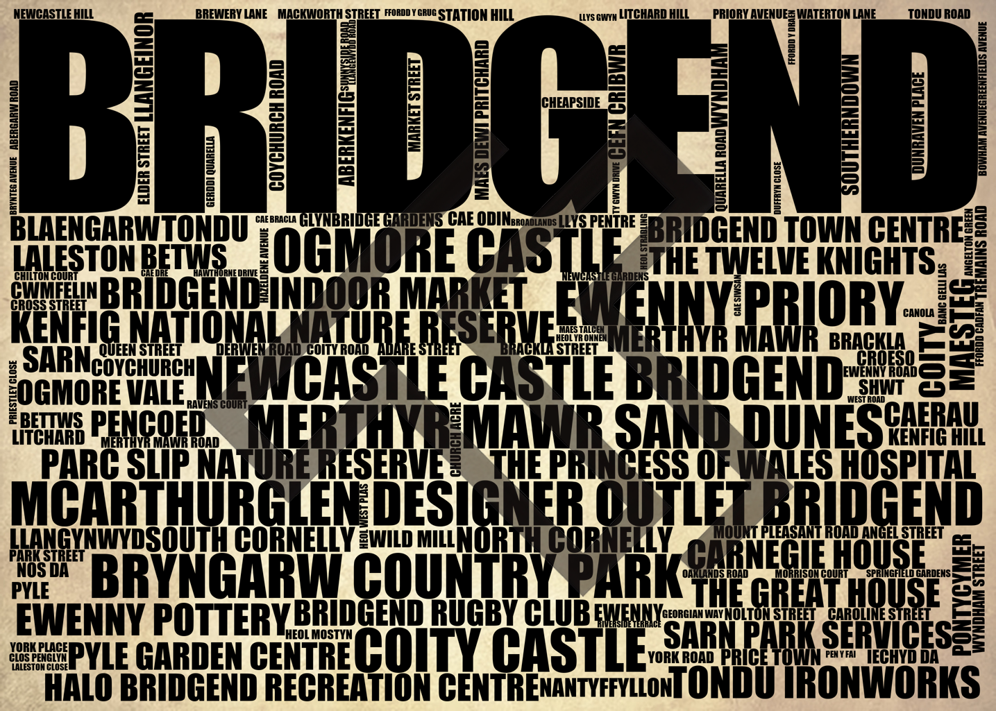 Bridgend - Premium Typographic Word Cloud Prints, Posters & Gifts