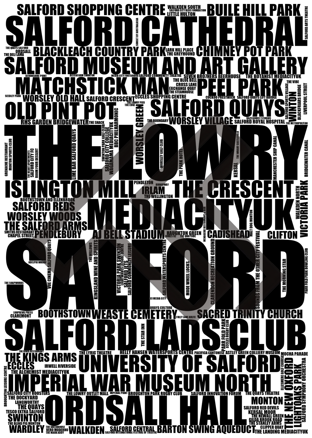 Salford - Premium Typographic Word Cloud Prints, Posters & Gifts