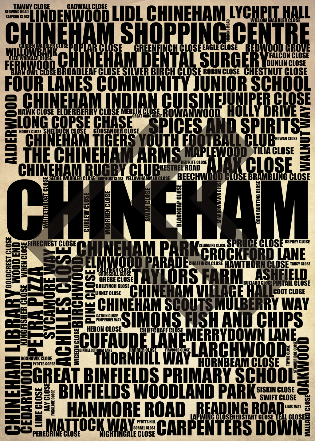 Chineham - Premium Typographic Word Cloud Prints, Posters & Gifts