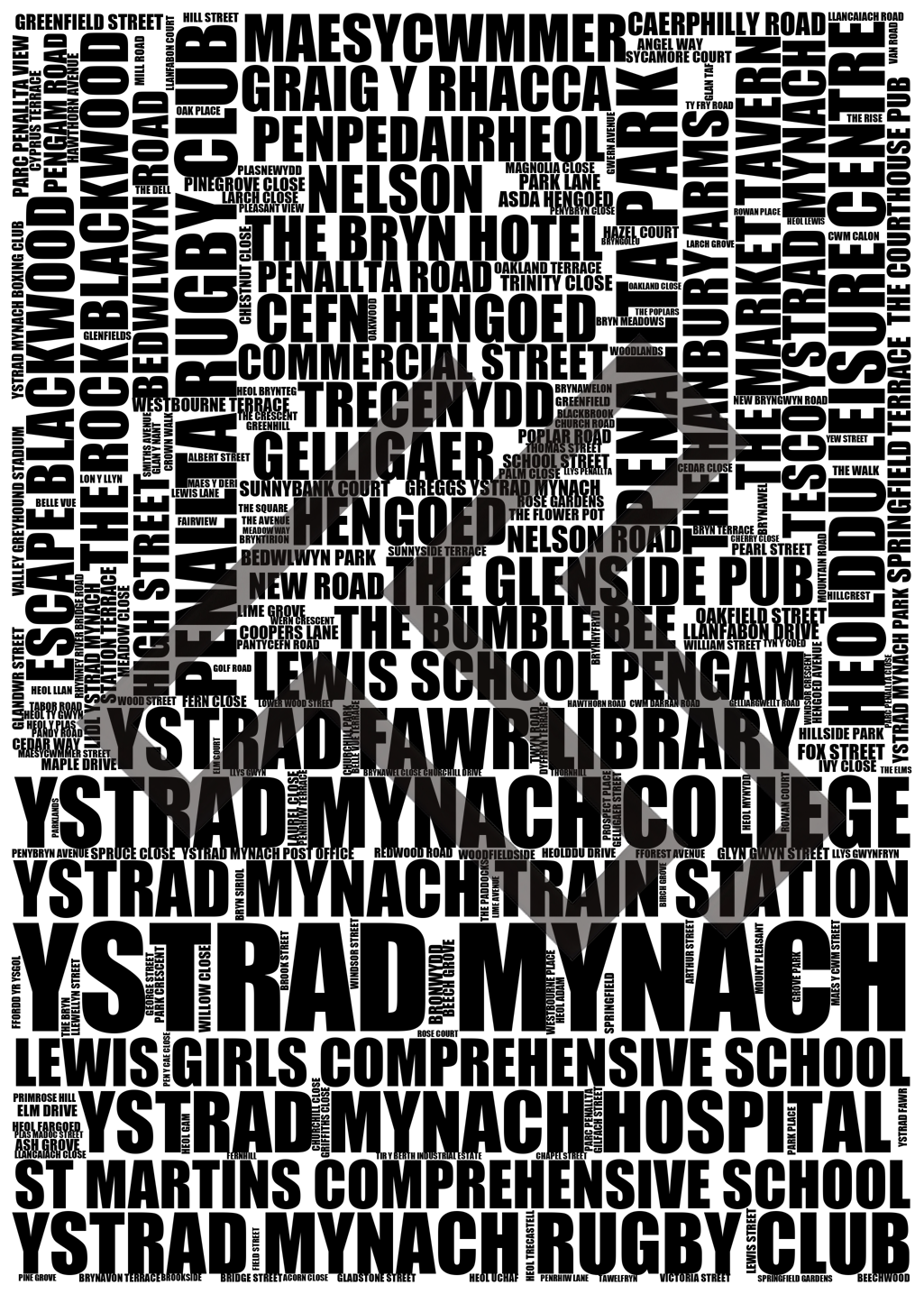 Ystrad Mynach - Premium Typographic Word Cloud Prints, Posters & Gifts