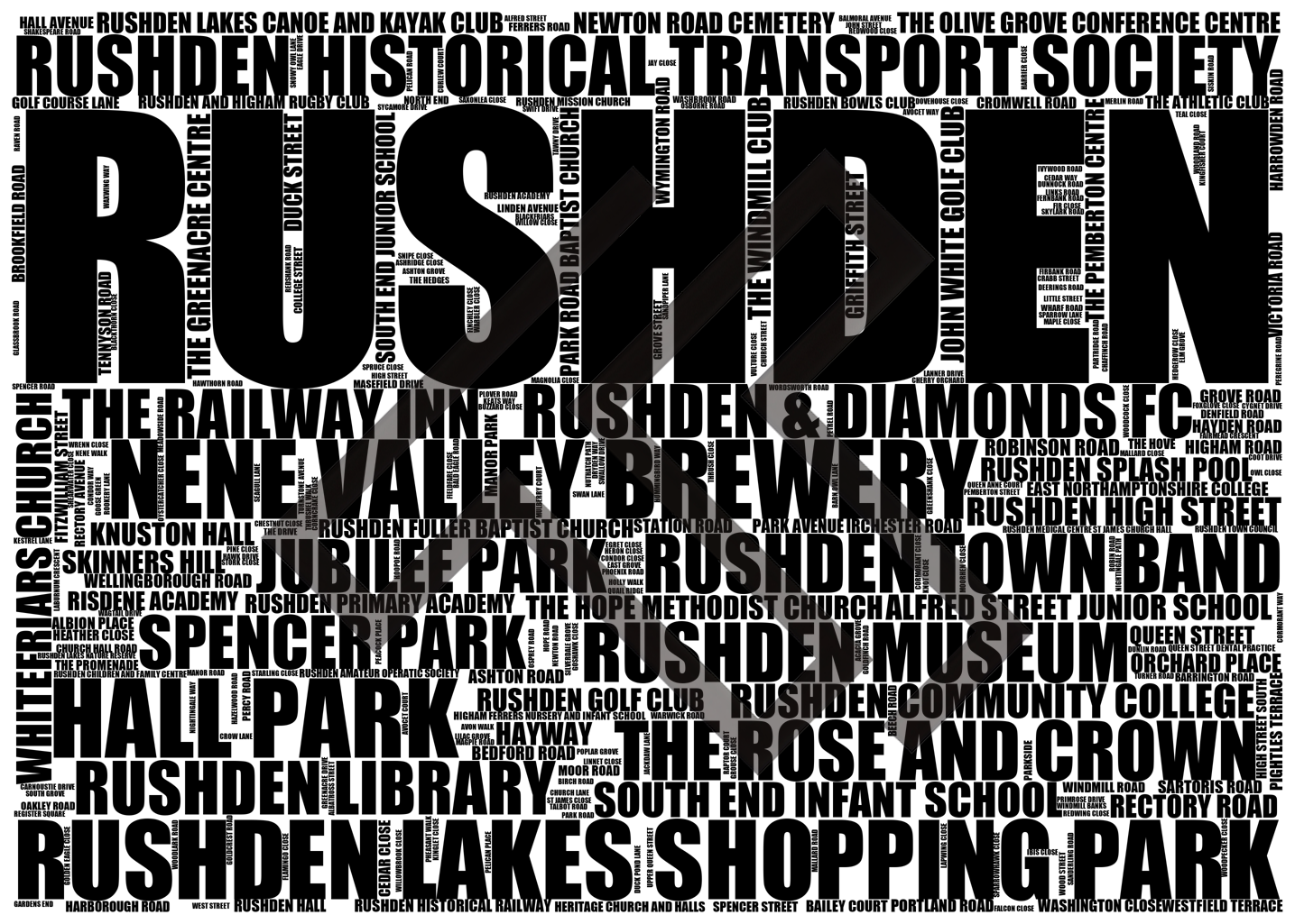 Rushden - Premium Typographic Word Cloud Prints, Posters & Gifts