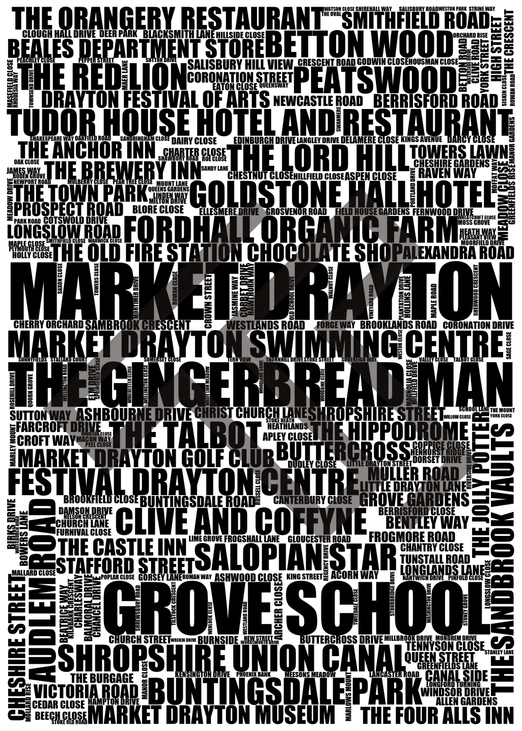 Market Drayton - Premium Typographic Word Cloud Prints, Posters & Gifts