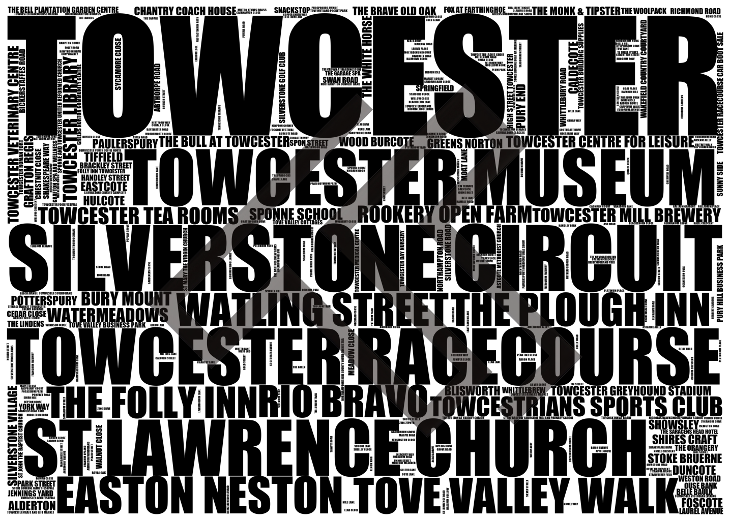 Towcester - Premium Typographic Word Cloud Prints, Posters & Gifts