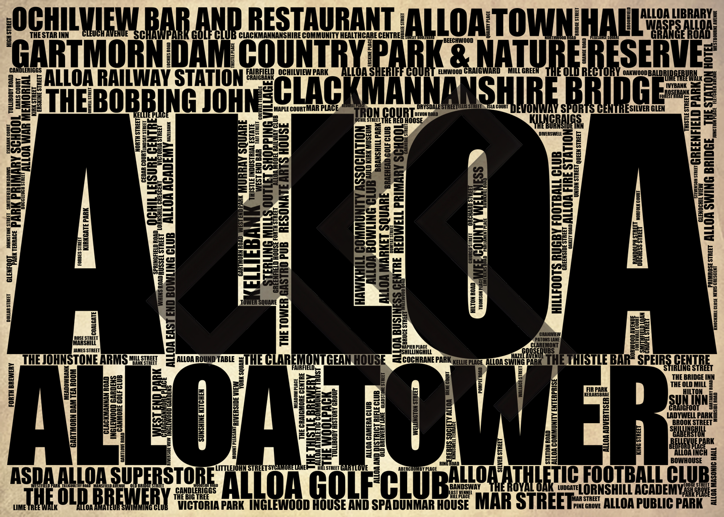 Alloa - Premium Typographic Word Cloud Prints, Posters & Gifts