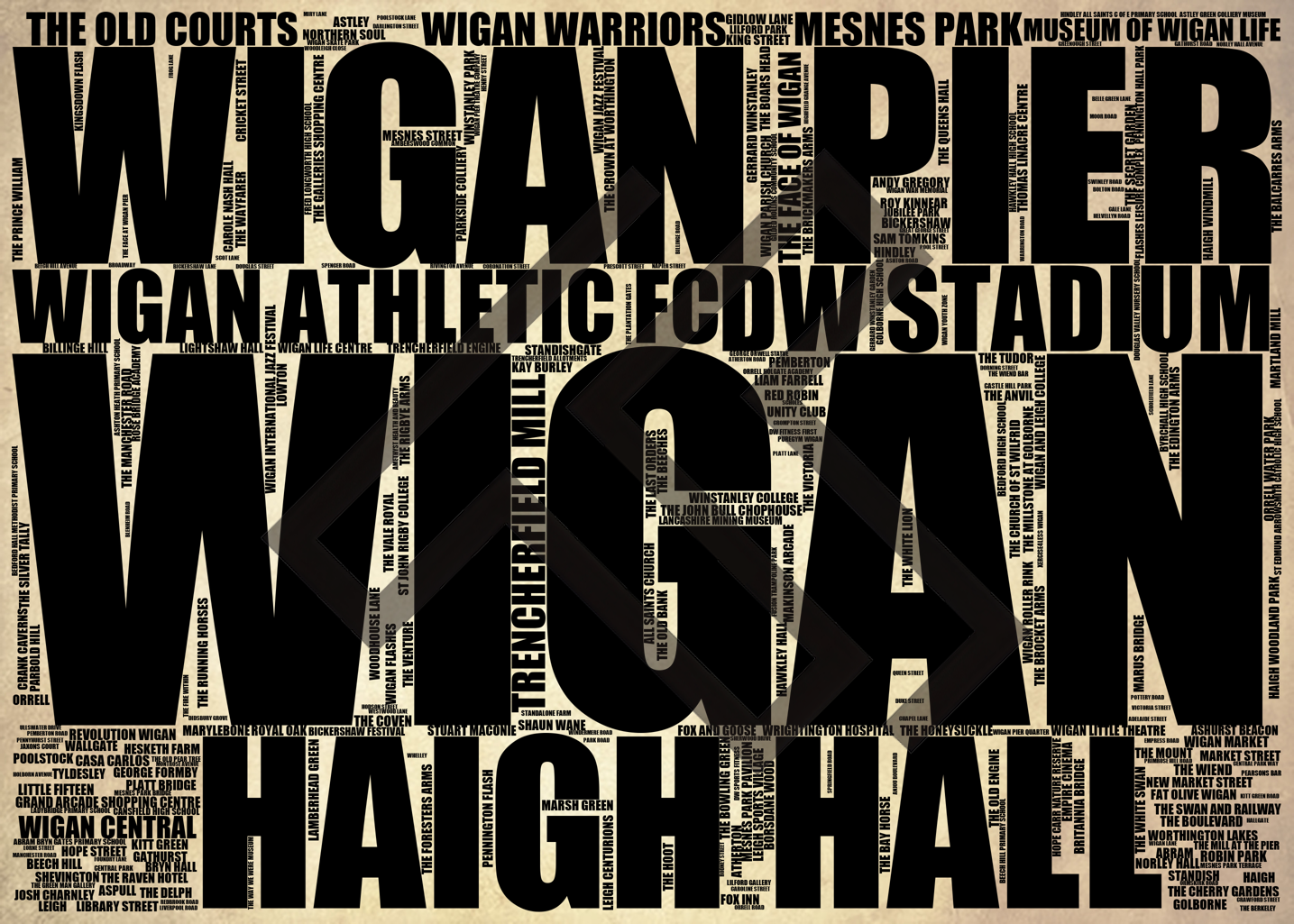 Wigan - Premium Typographic Word Cloud Prints, Posters & Gifts