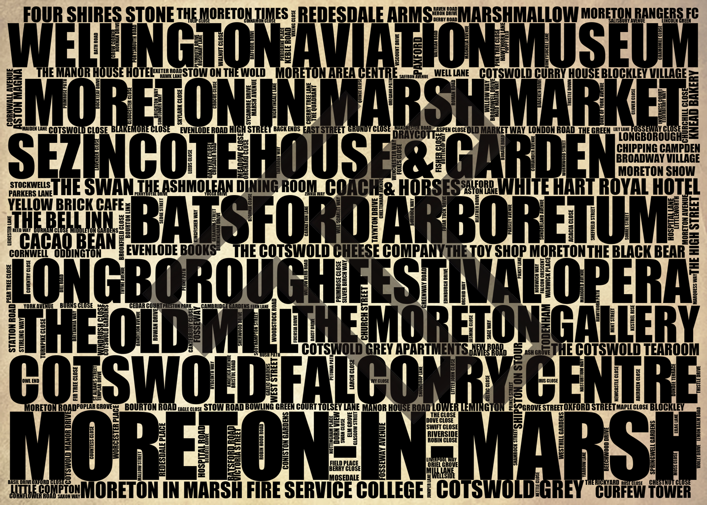 Moreton-in-Marsh - Premium Typographic Word Cloud Prints, Posters & Gifts