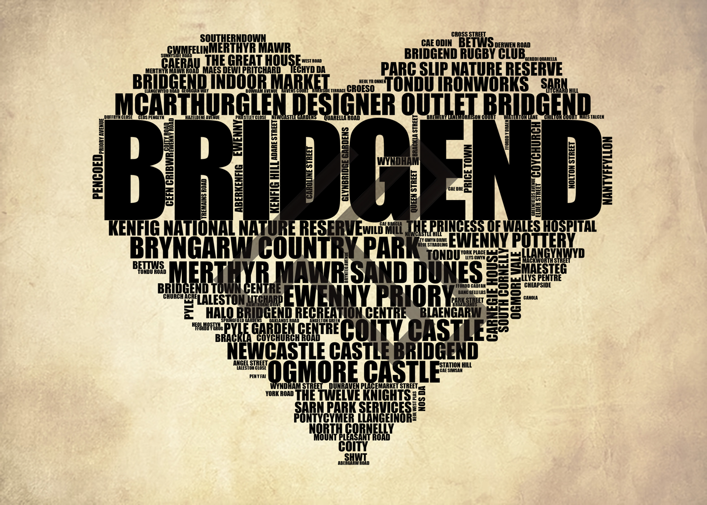 Bridgend - Premium Typographic Word Cloud Prints, Posters & Gifts