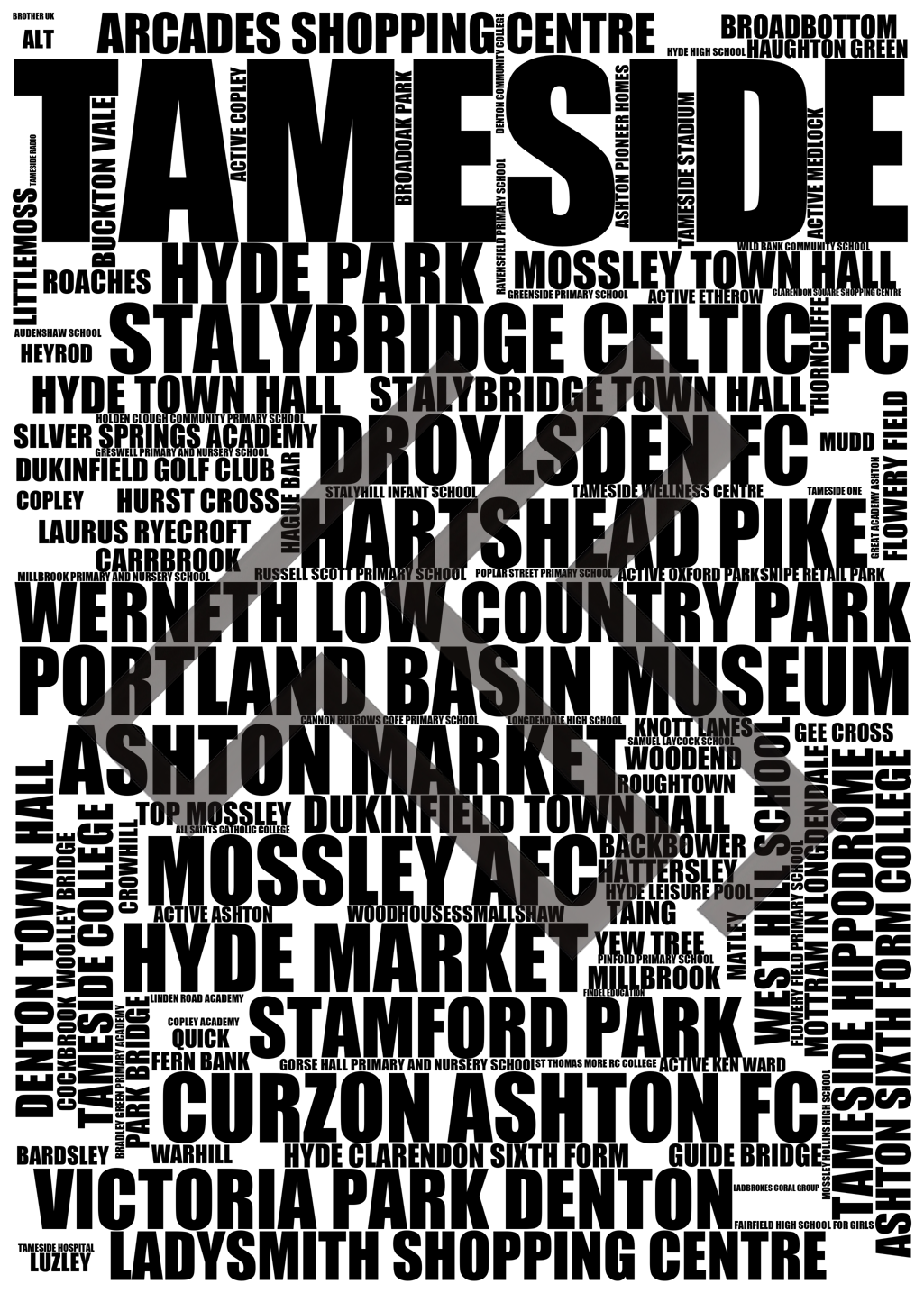 Tameside - Premium Typographic Word Cloud Prints, Posters & Gifts