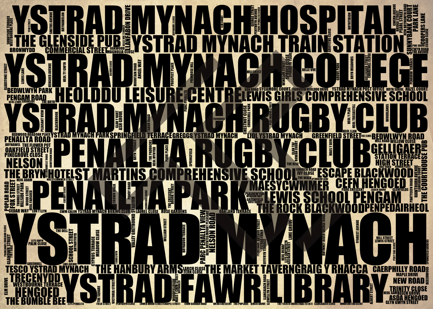 Ystrad Mynach - Premium Typographic Word Cloud Prints, Posters & Gifts