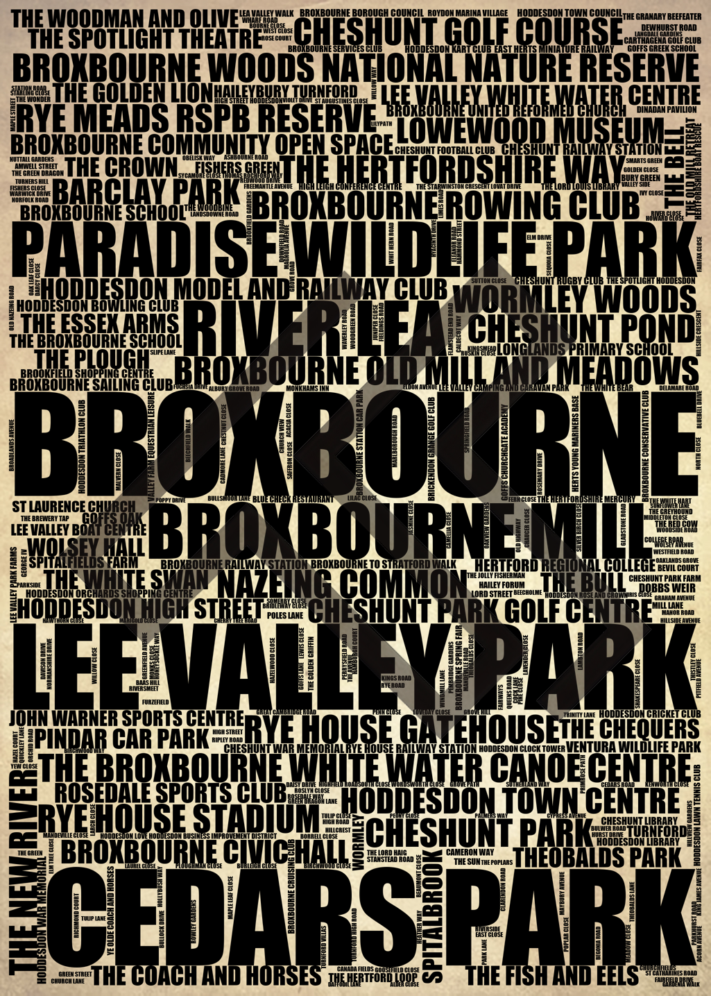 Broxbourne - Premium Typographic Word Cloud Prints, Posters & Gifts