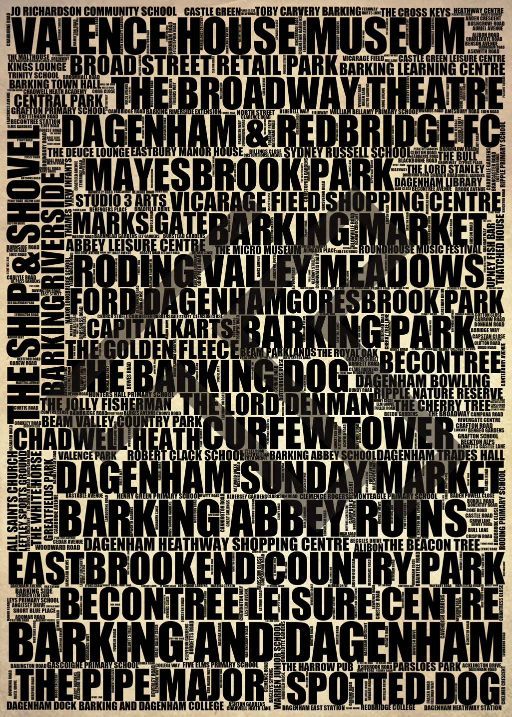 Barking and Dagenham - Premium Typographic Word Cloud Prints, Posters & Gifts