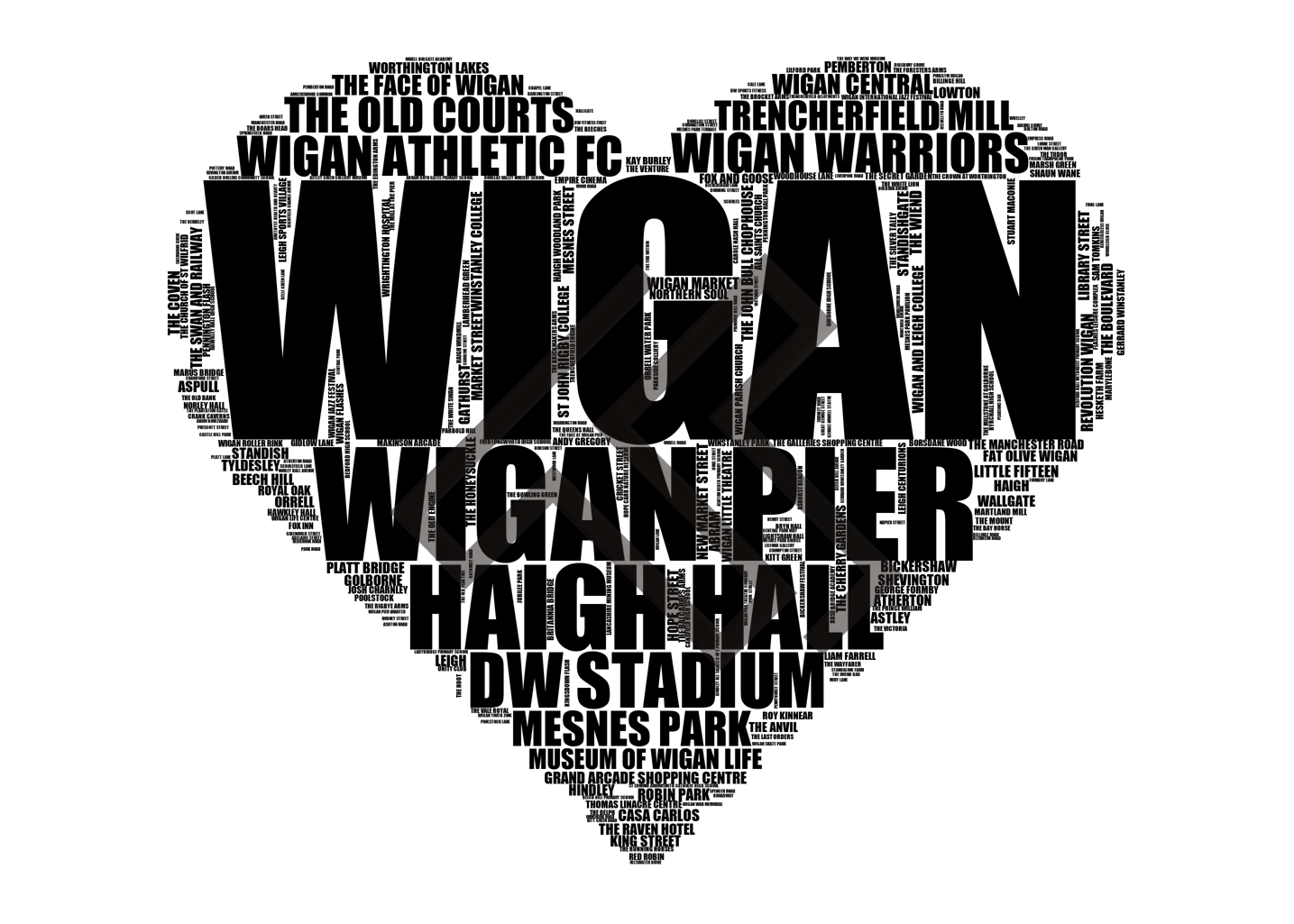 Wigan - Premium Typographic Word Cloud Prints, Posters & Gifts