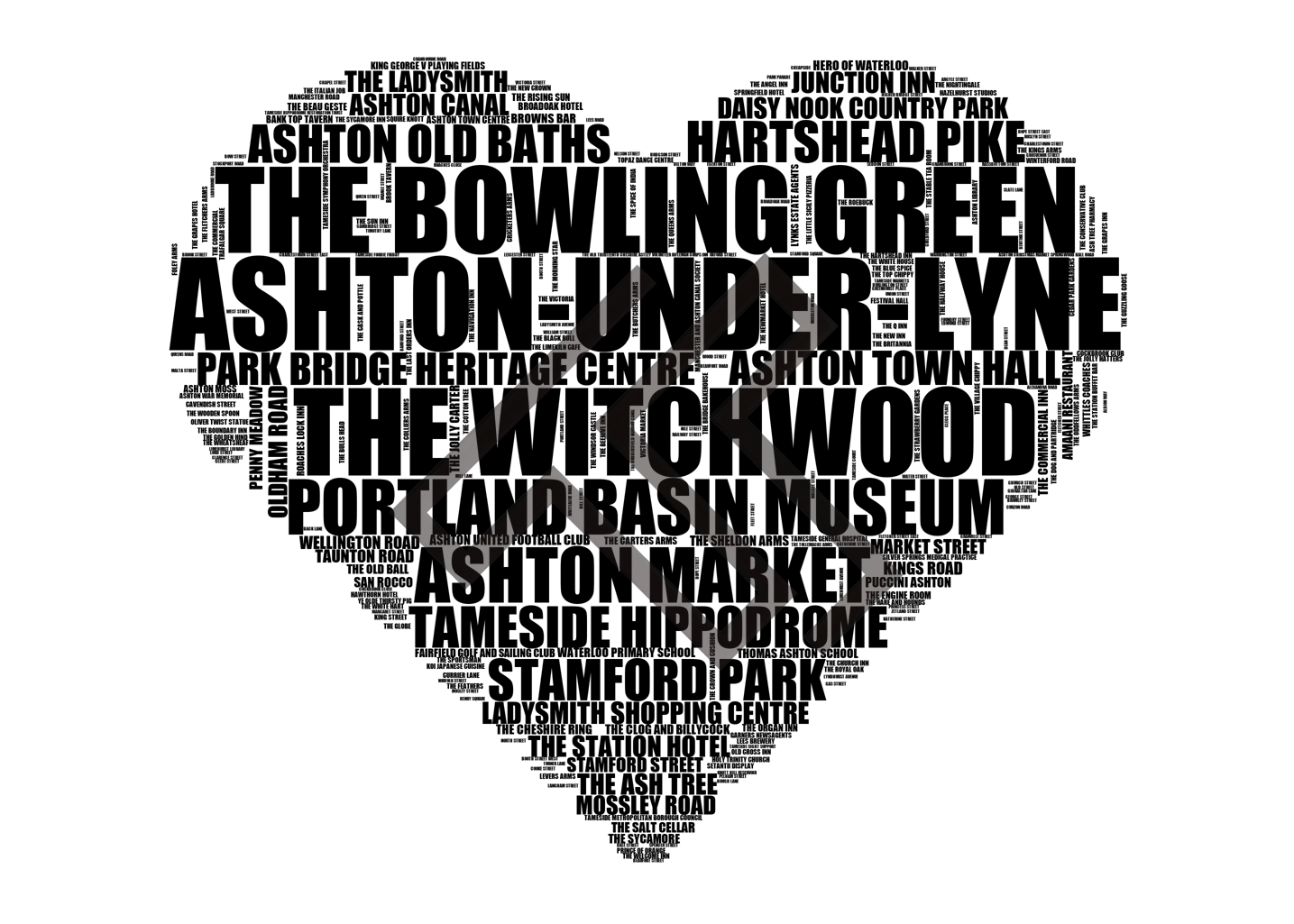 Ashton-under-Lyne - Premium Typographic Word Cloud Prints, Posters & Gifts