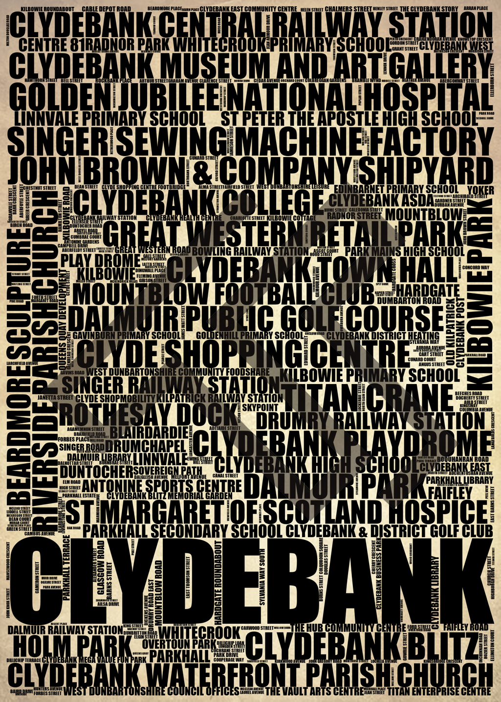 Clydebank - Premium Typographic Word Cloud Prints, Posters & Gifts