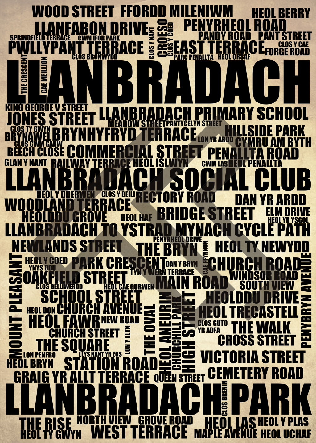 Llanbradach - Premium Typographic Word Cloud Prints, Posters & Gifts