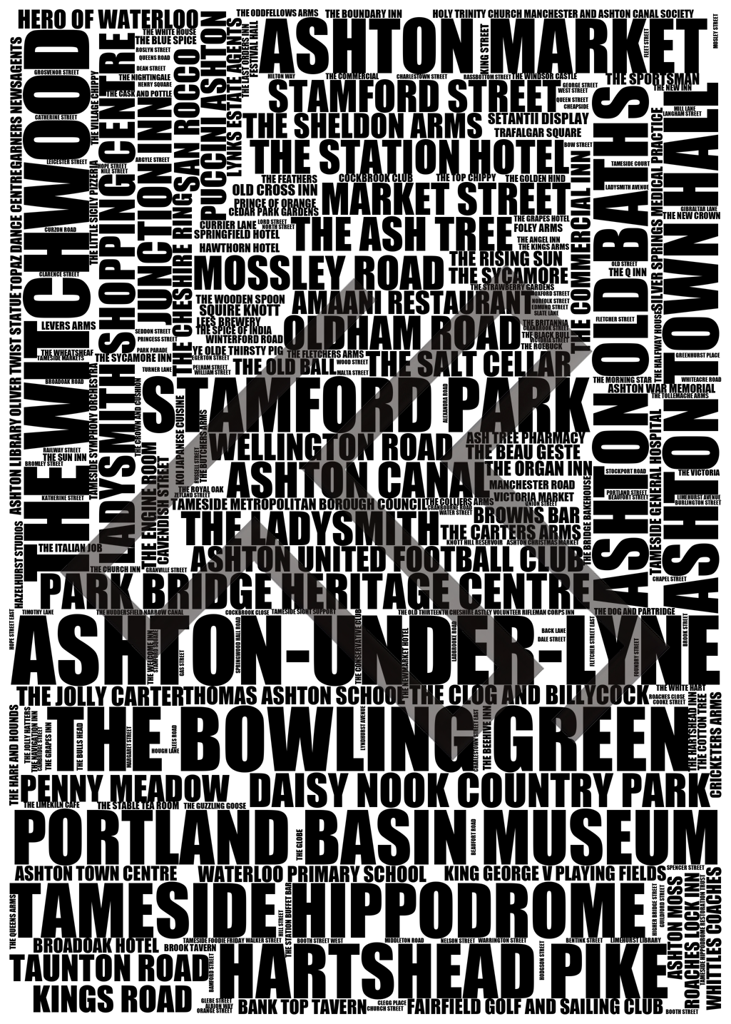 Ashton-under-Lyne - Premium Typographic Word Cloud Prints, Posters & Gifts