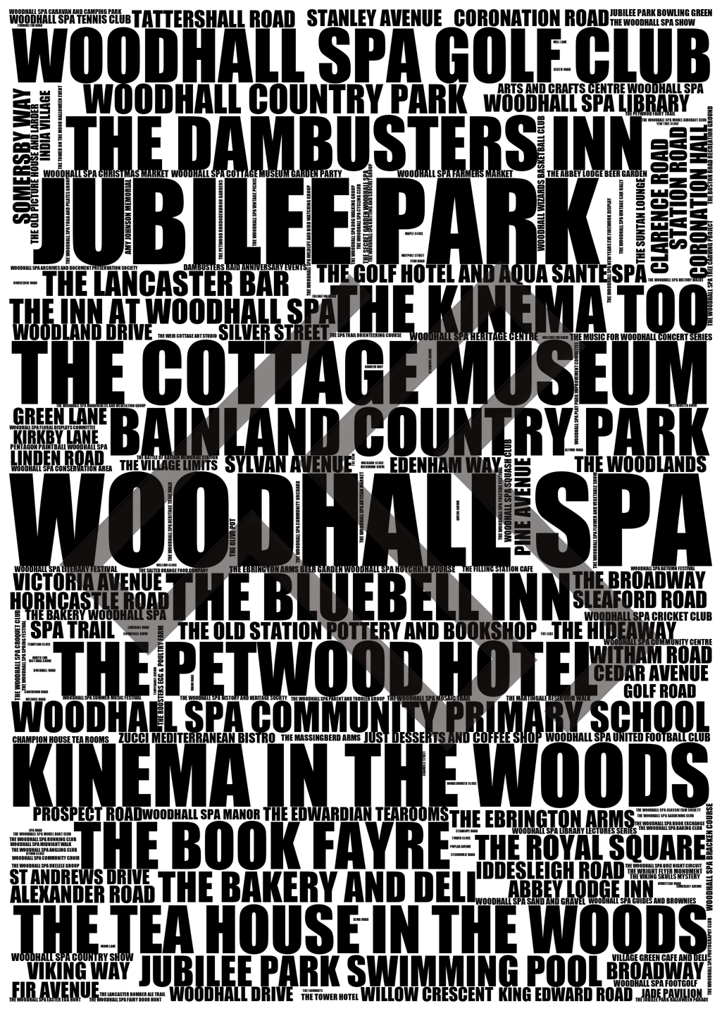 Woodhall Spa - Premium Typographic Word Cloud Prints, Posters & Gifts