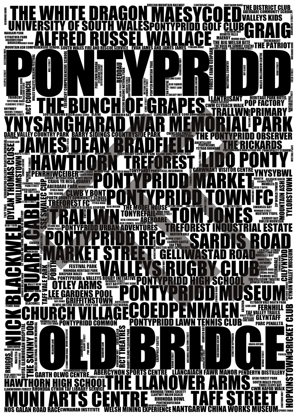 Pontypridd - Premium Typographic Word Cloud Prints, Posters & Gifts