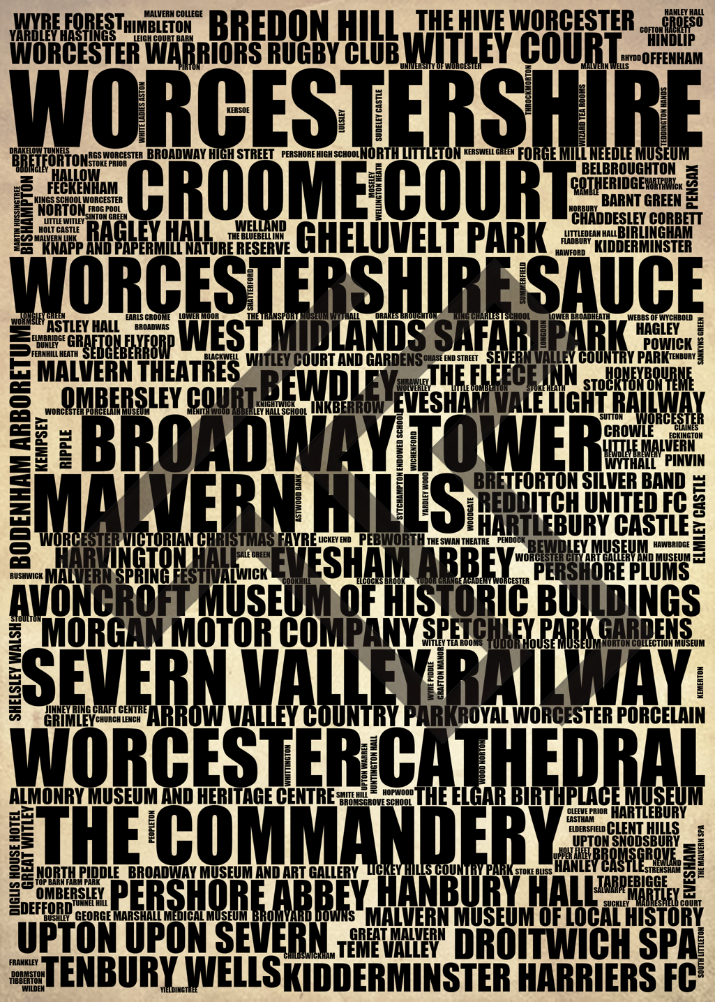 Worcestershire - Premium Typographic Word Cloud Prints, Posters & Gifts