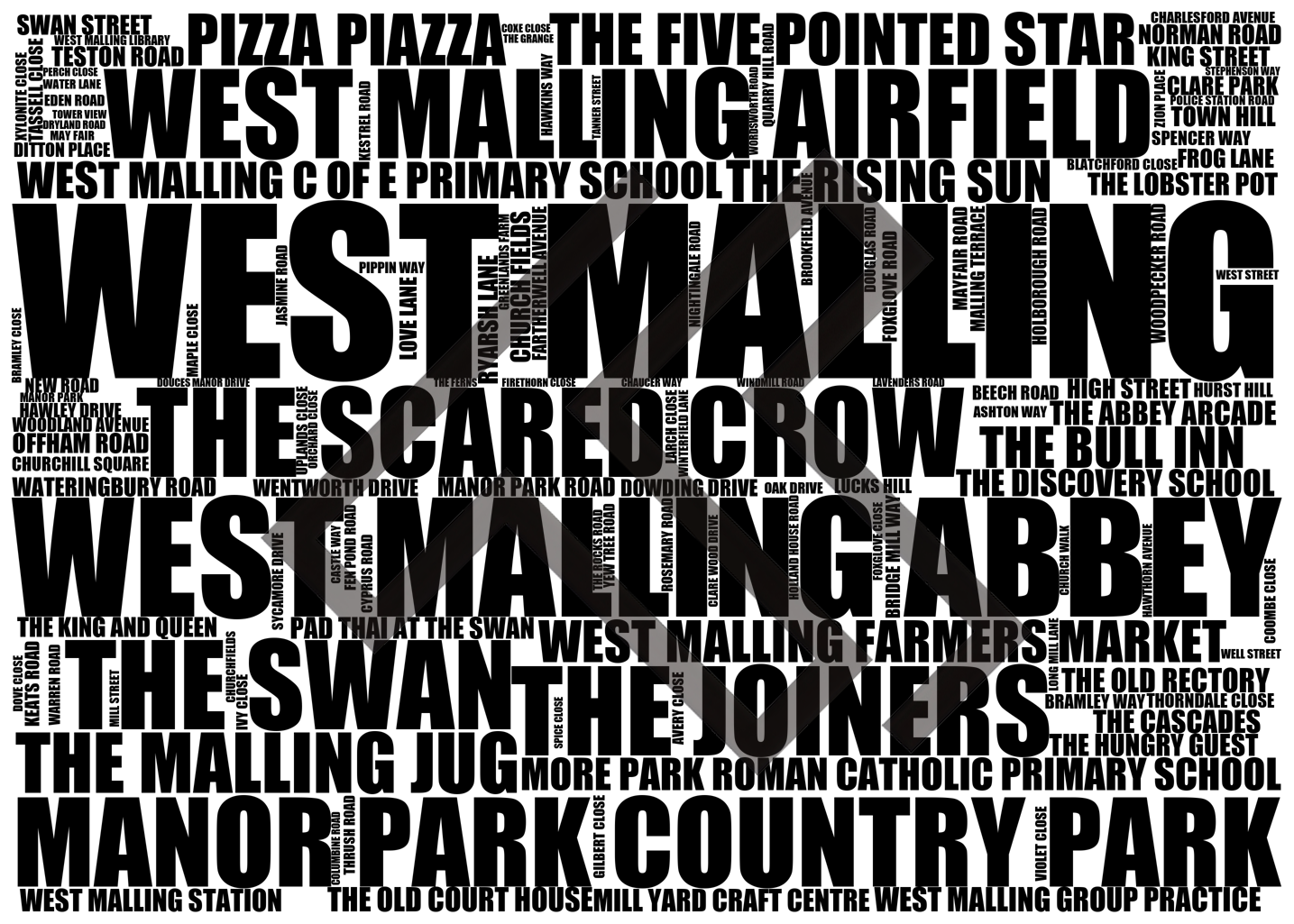 West Malling - Premium Typographic Word Cloud Prints, Posters & Gifts